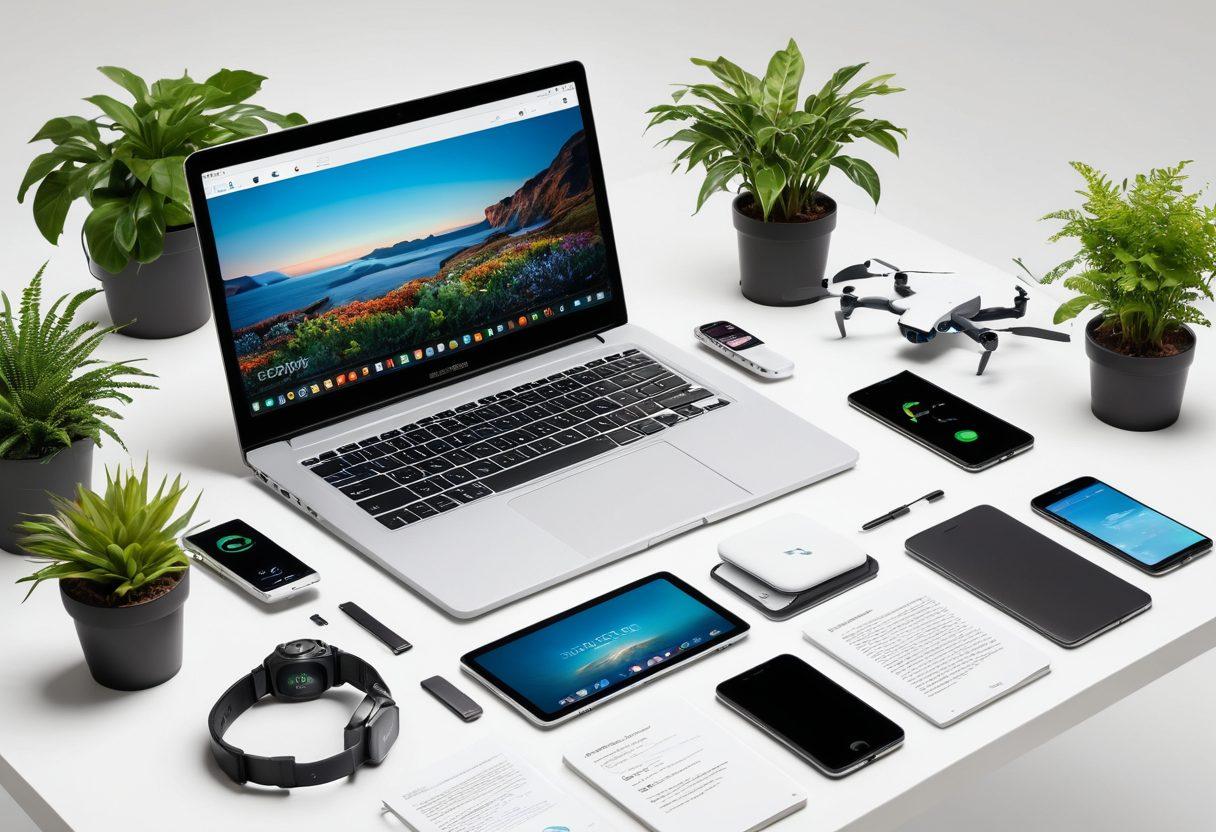 A sleek workspace featuring an array of modern tech gadgets like laptops, smartwatches, and drones, with a glowing guidebook open showcasing tech tips. The background is neatly organized with plants bringing freshness, while a digital interface displays reviews and ratings. Bright and engaging colors to symbolize innovation and creativity. super-realistic. vibrant colors. white background.