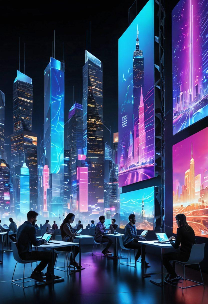 A futuristic city skyline with digital screens displaying technology news. A diverse group of people using various tech gadgets, such as smartphones, tablets, and laptops, engaged in discussions. Bright neon lights illuminating the scene with holographic interfaces showcasing tech analytics. The atmosphere should feel dynamic and innovative, symbolizing the fast-paced digital age. super-realistic. vibrant colors. 3D.