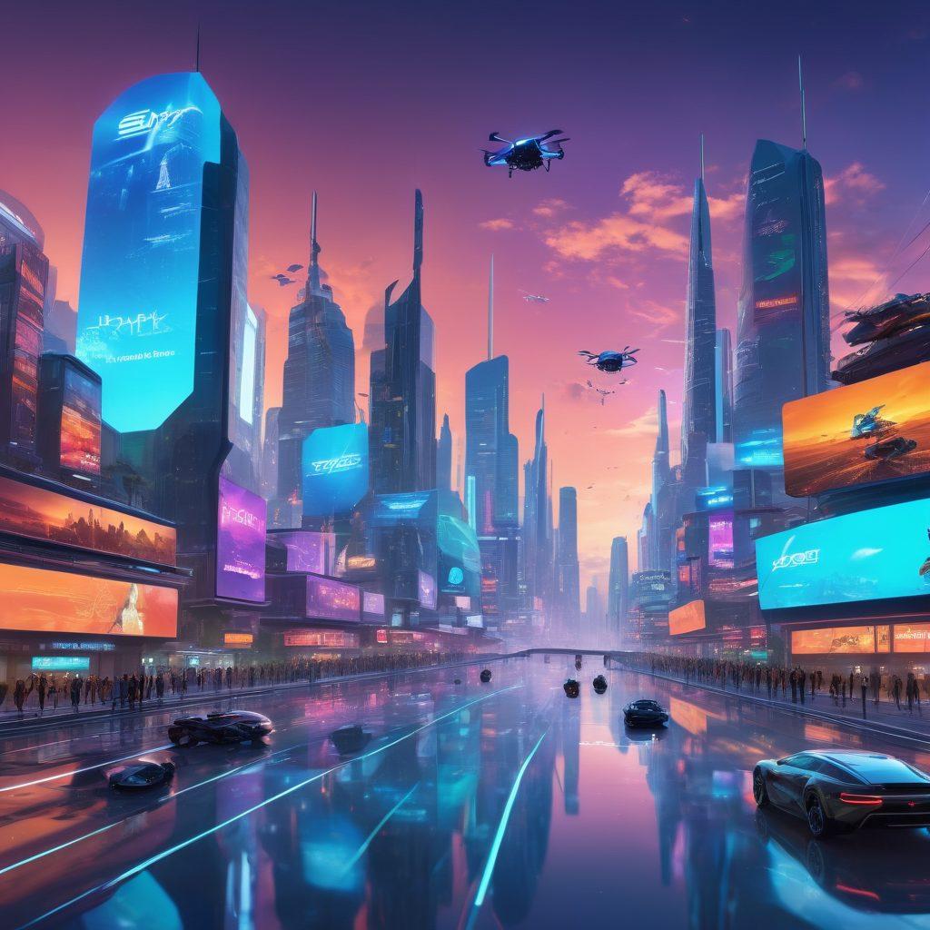 A futuristic landscape showcasing cutting-edge technology, featuring a floating city with holographic billboards, robots assisting people, and sleek autonomous vehicles. The sky is filled with drones and vibrant lights illuminating the scene. Include diverse groups of people interacting with innovative gadgets. The overall atmosphere is optimistic and dynamic. cyberpunk. vibrant colors. 3D.